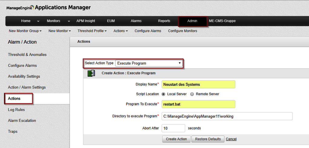 Action Script Neustart anlegen in Applications Manager