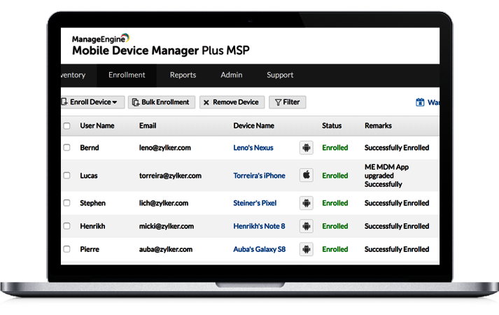 Screenshot Mobile Device Manager Plus MSP: Geräte registrieren