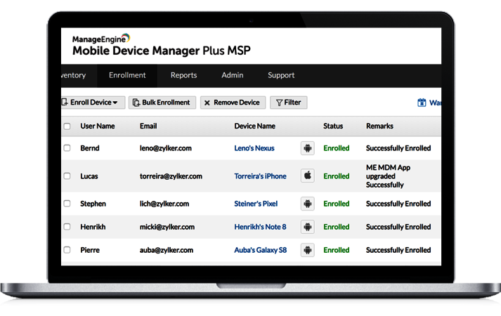 Screenshot Mobile Device Manager Plus MSP: Geräte registrieren