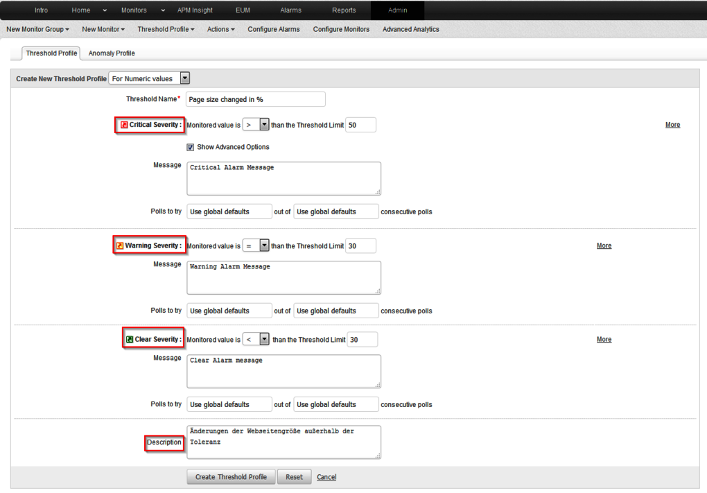 Schwellenwerte definieren in Applications Manager