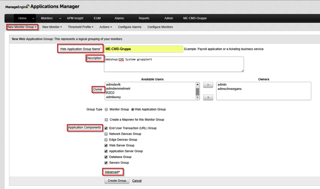 Anwendungen gruppieren in Applications Manager