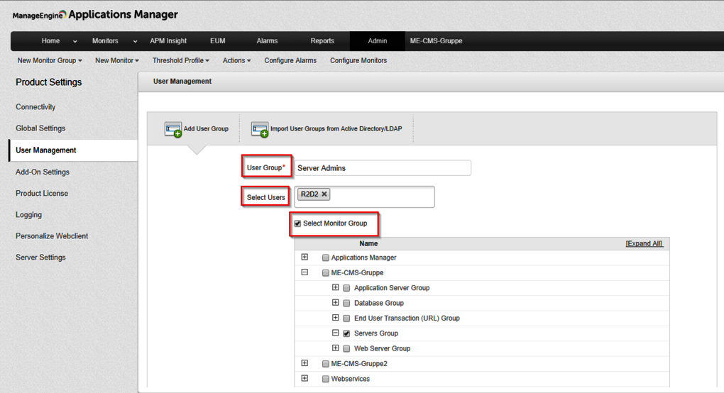 Benutzergruppe mit Berechtigung auf Untergruppe in Applications Manager