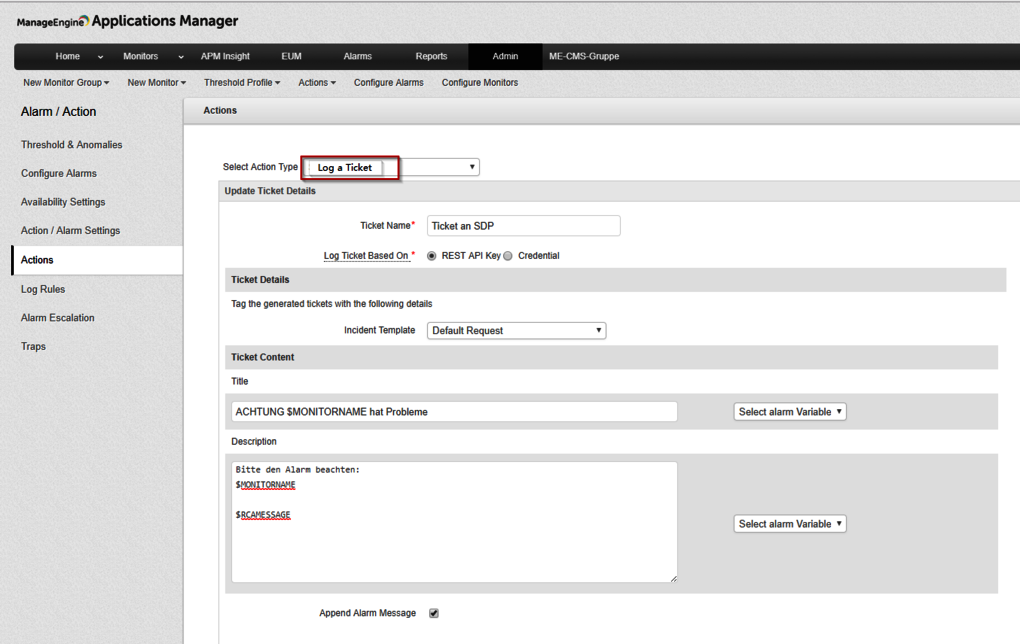 Action Ticket in ServiceDesk Plus öffnen