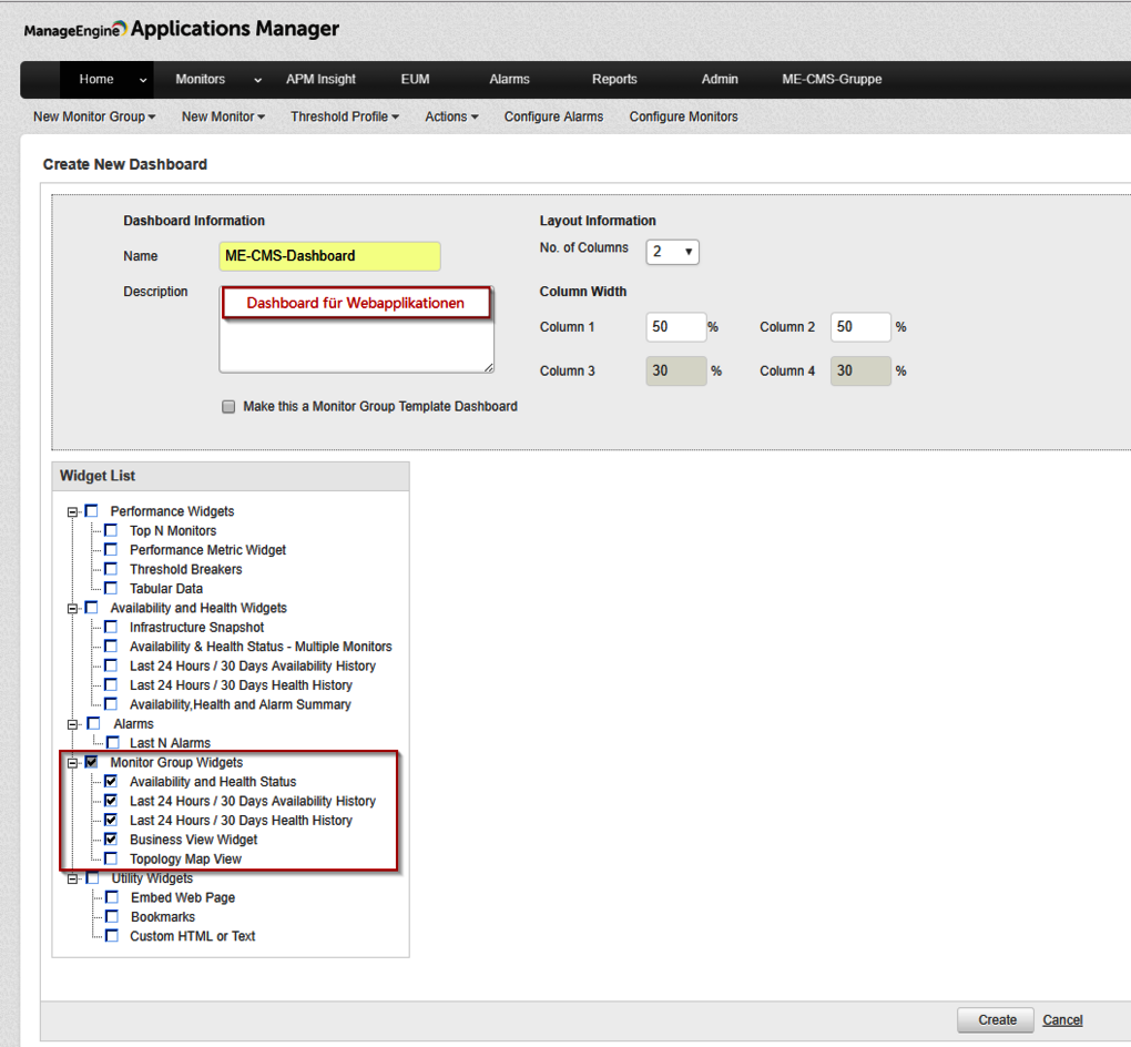 Dashboard Gruppenansichten erstellen in Applications Manager