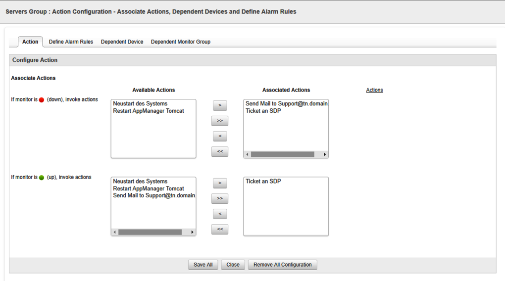 Zuweisung Action zu Alarm in Applications Manager