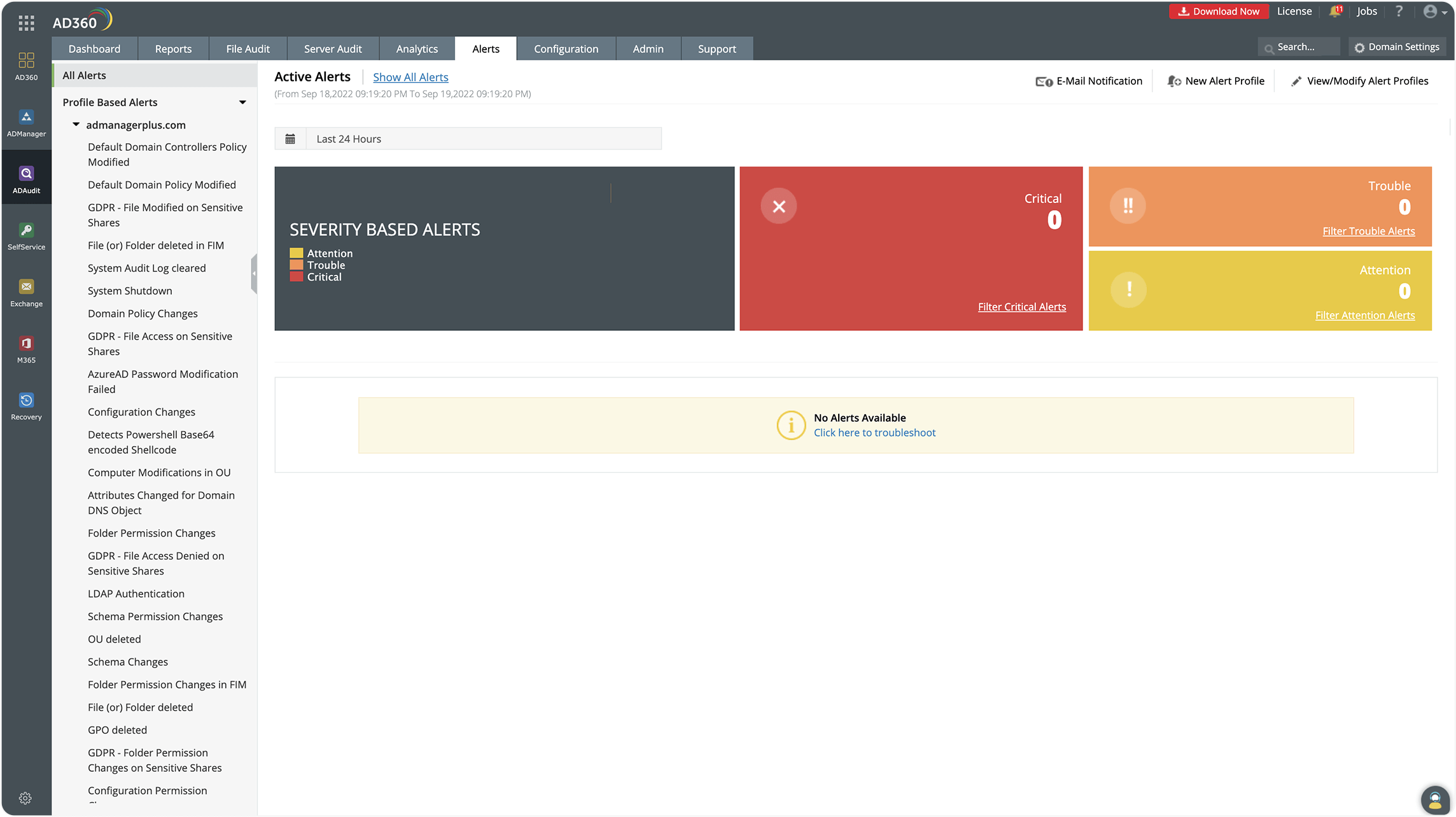 Screenshot AD360: Alert Dashboard 