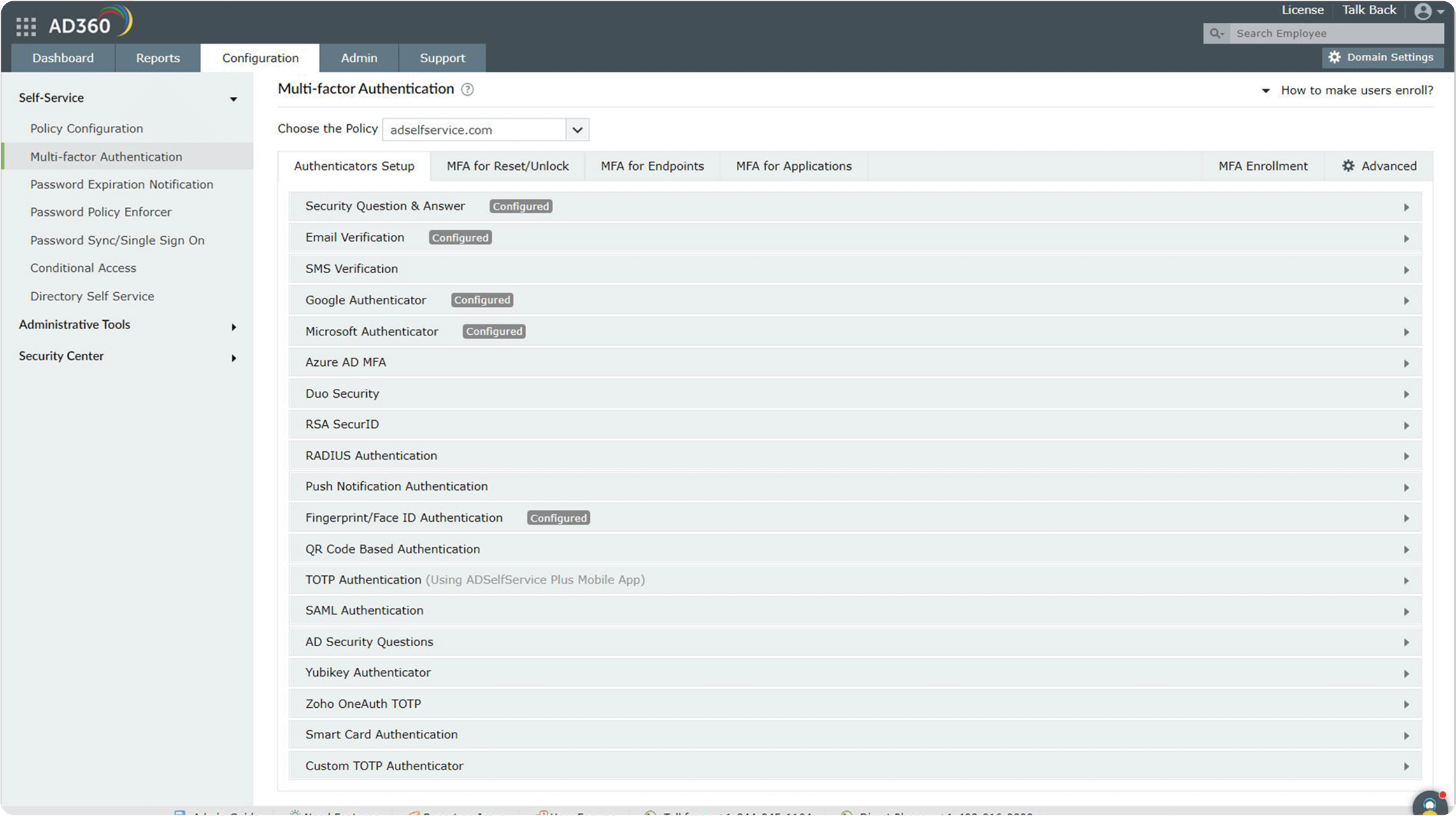 Screenshot AD360: MFA Authentifikatoren 