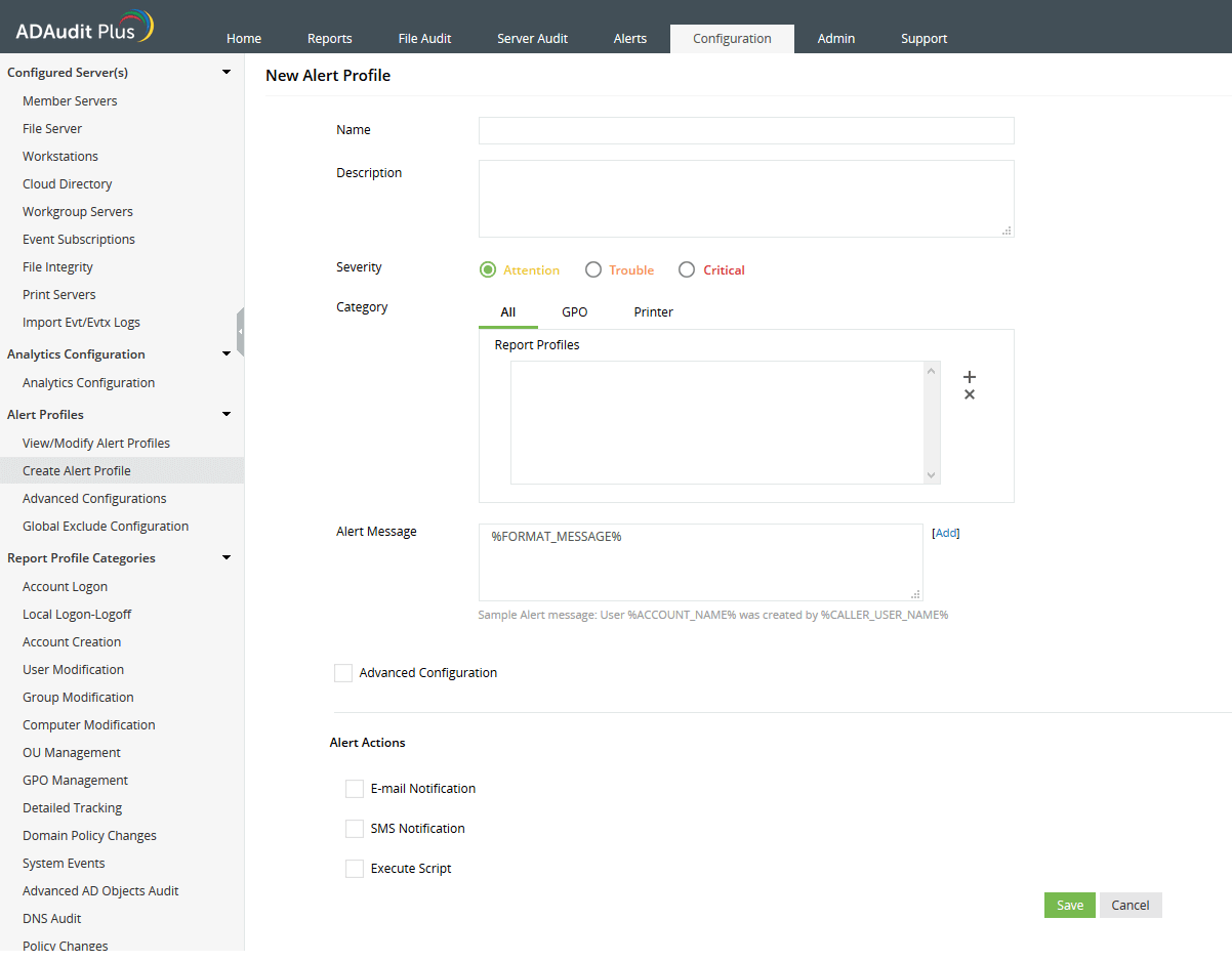 Screenshot ADAudit Plus: Alarm anlegen