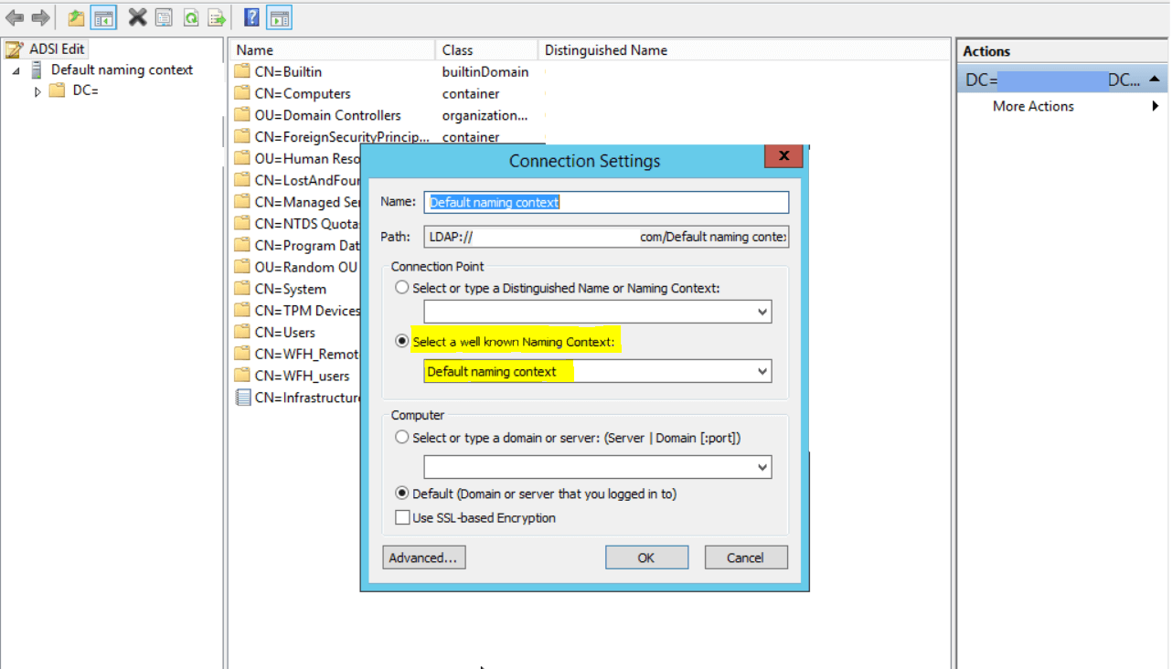 ADSI-Editor: Verbindungseinstellungen anpassen