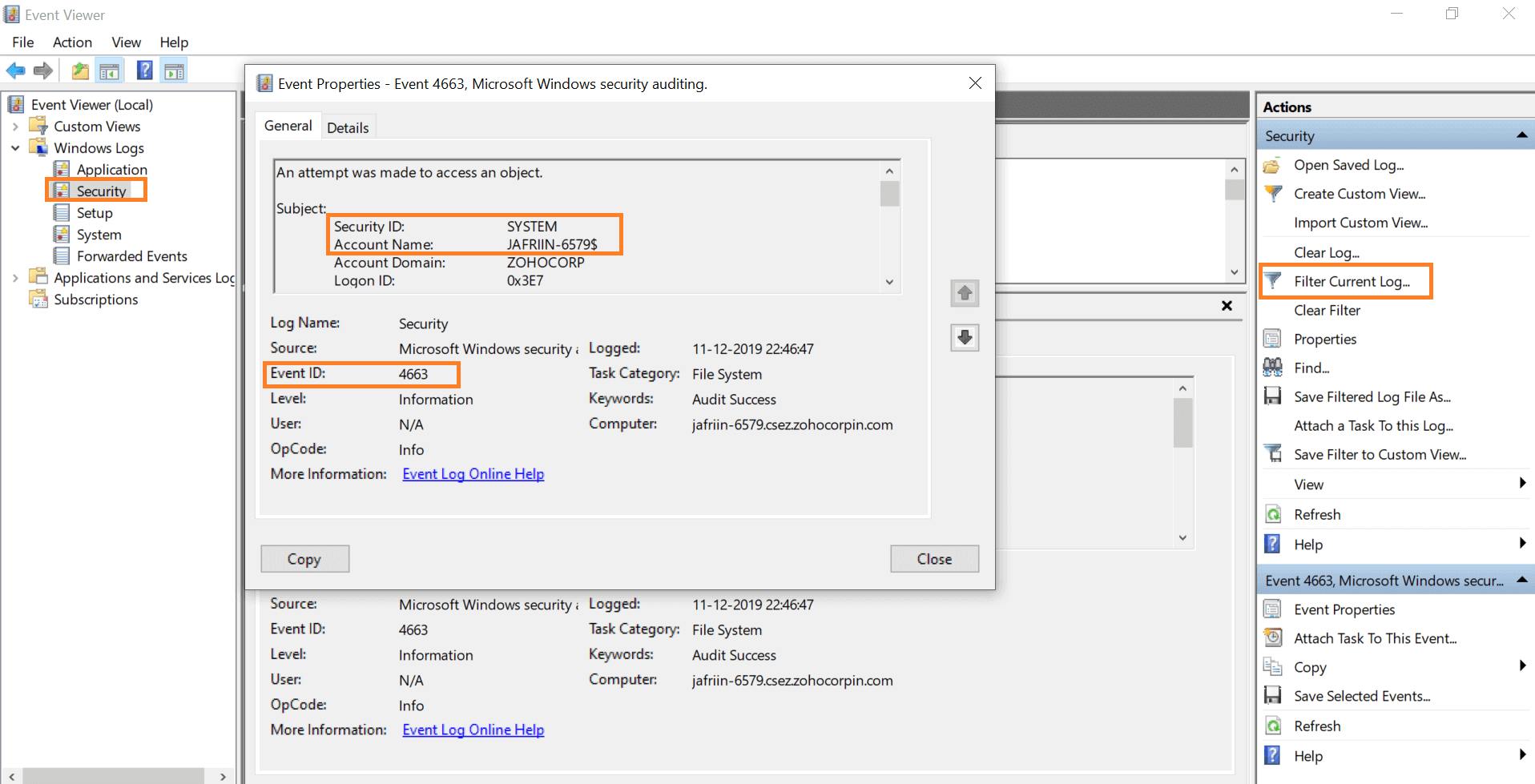 Screenshot: Event-Details in Windows Active Directory ansehen