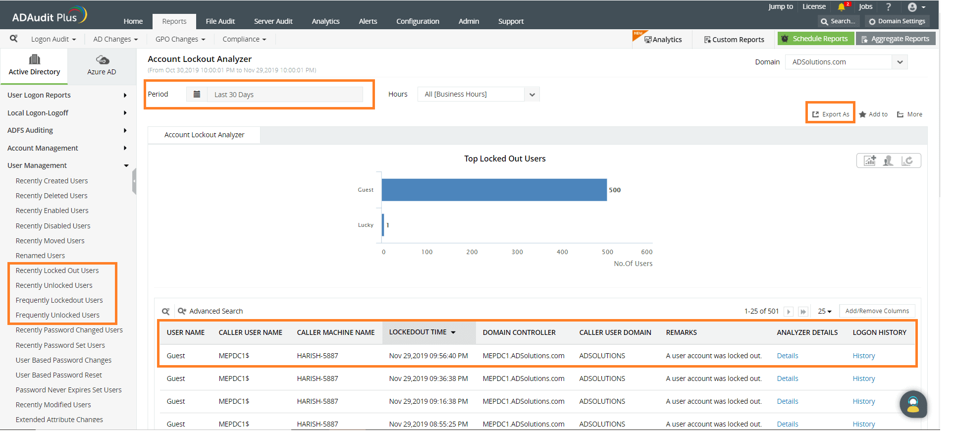 ADAudit Plus: Account Lockout Analyzer