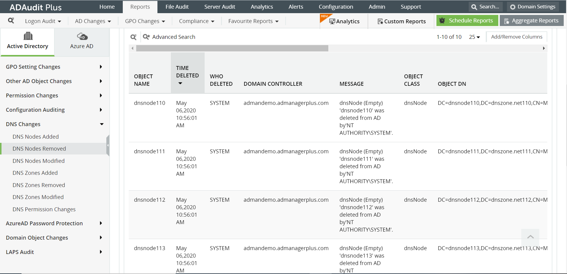 Screenshot ADAudit Plus: Detailinformationen im Bericht “DNS Nodes Removed”