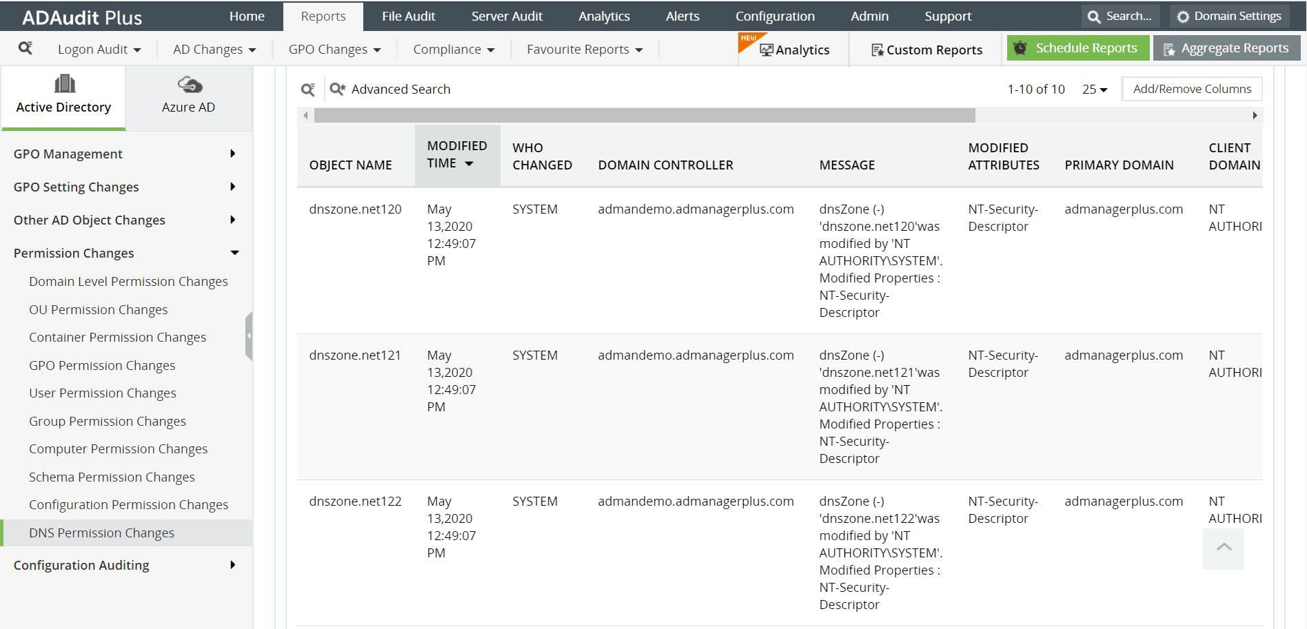 Screenshot ADAudit Plus: Bericht “DNS Permission Changes” - Details