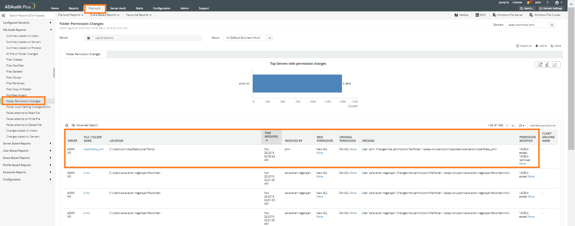 Screenshot ADAudit Plus: Folder Permission Changes Report