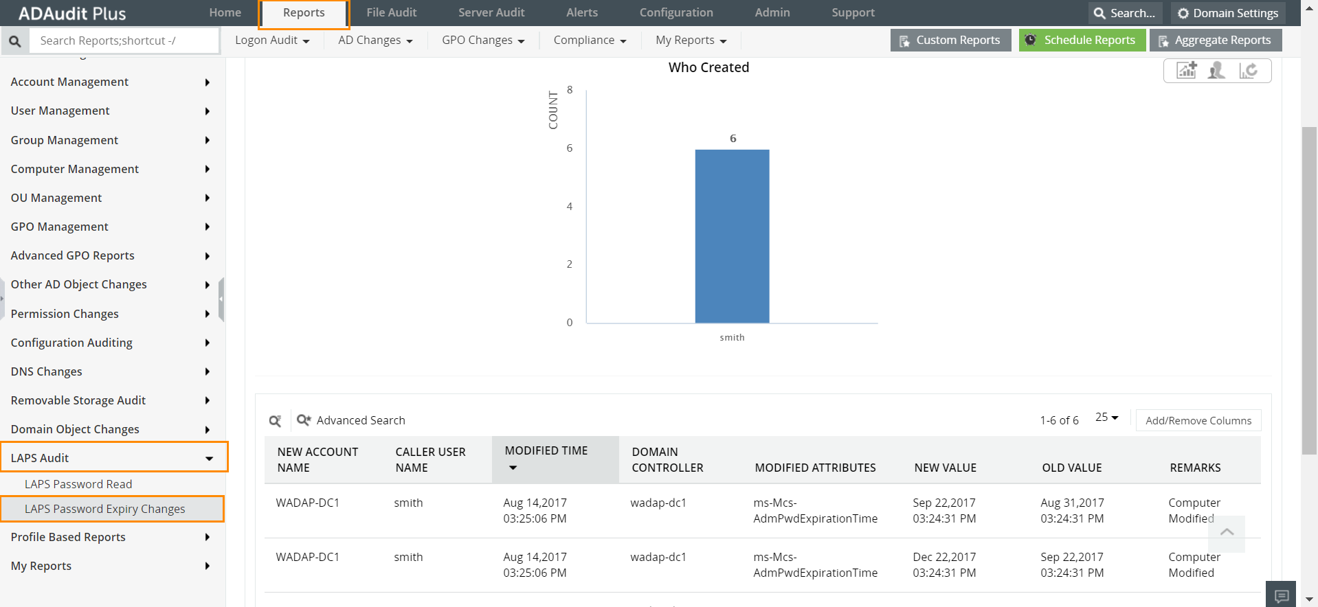 Screenshot ADAudit Plus: LAPS Password Expiry Changes Report