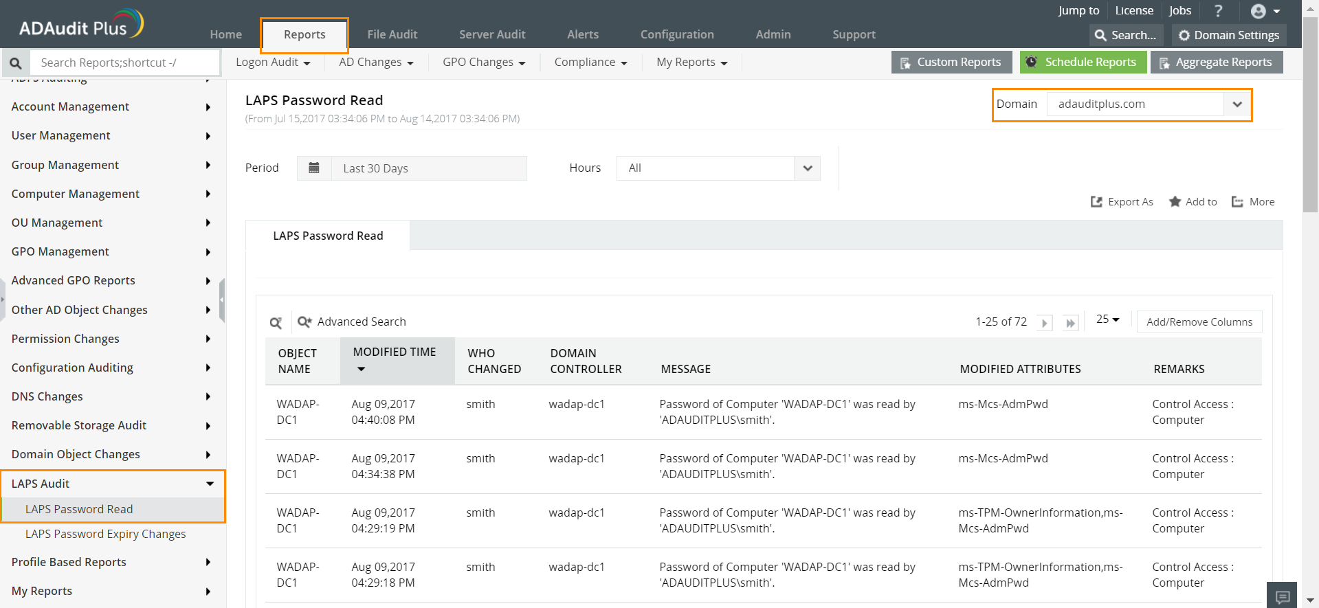 Screenshot ADAudit Plus: LAPS Password Read Report