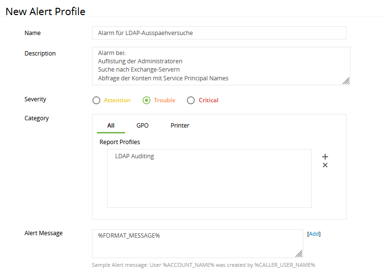 Screenshot ADAudit Plus: Alarm für LDAP-Ausspähversuche einrichten – Teil 1
