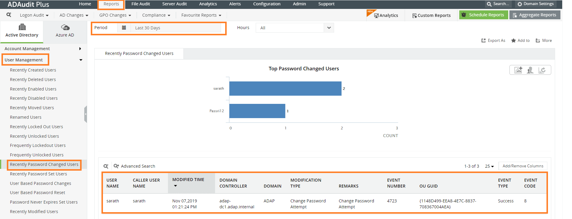 Screenshot ADAudit Plus: Recently Password Changed Users Report