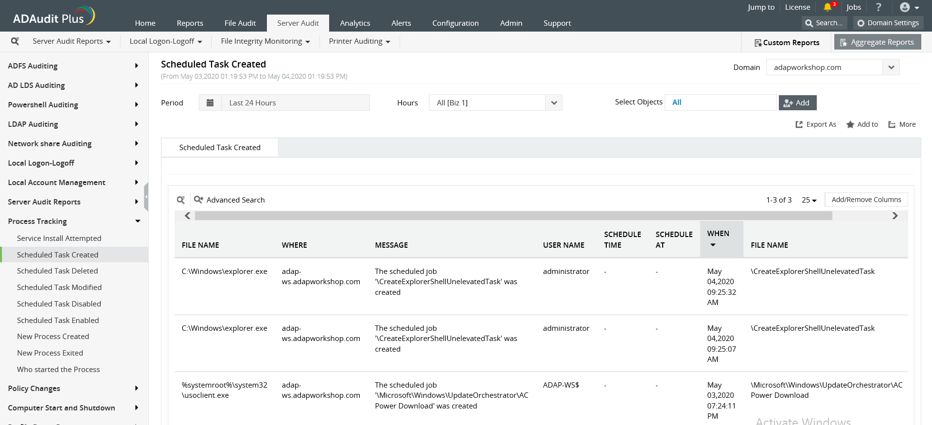 Screenshot ADAudit Plus: Bericht “Scheduled Task Created”