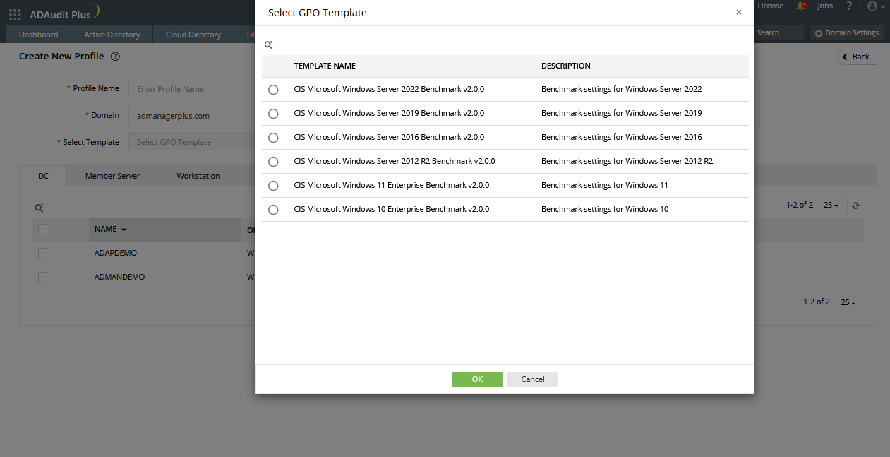 Screenshot ADAudit Plus: Sicherheits-Benchmarks für Scan-Profil im Attack Surface Analyzer