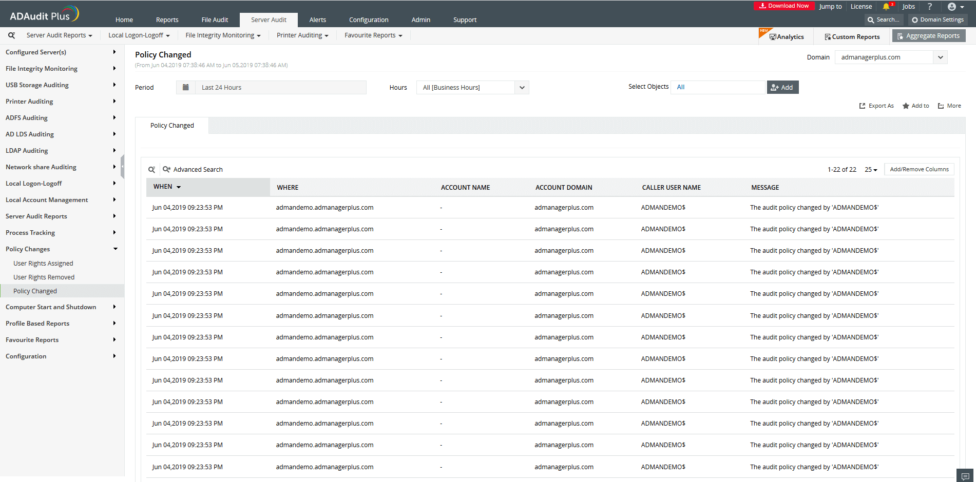 Screenshot ADAudit Plus: Der "Policy Changes" Report zeigt alle Änderungen an Benutzerrechten