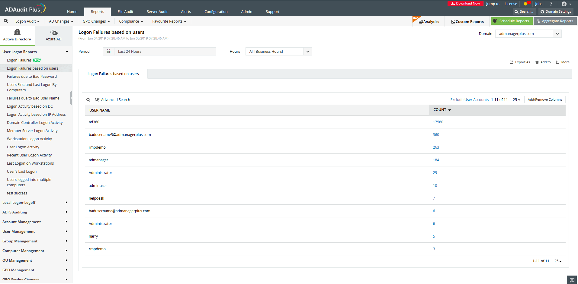 Screenshot ADAudit Plus: Fehlgeschlagene Logons anzeigen