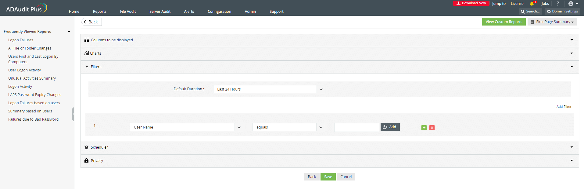 Screenshot ADAudit Plus: Alarmierung bei Sperrung von Executive-Accounts