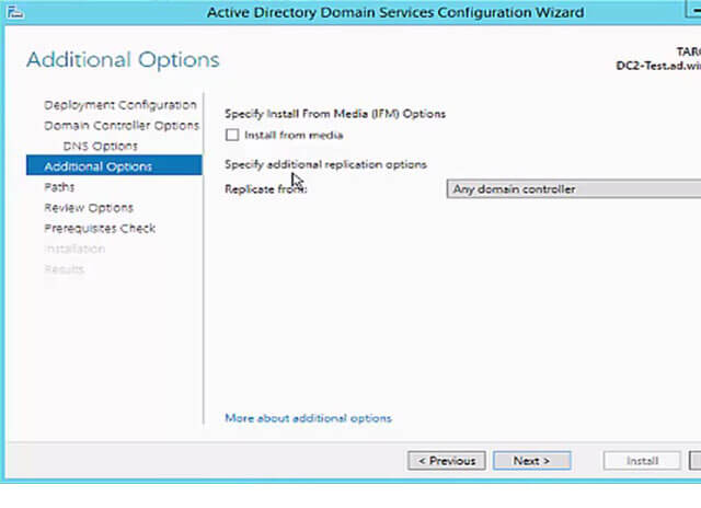 Screenshot Active Directory Domain Services – Additional Options