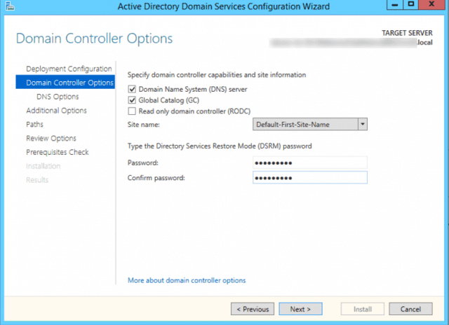 Screenshot Active Directory Domain Services – Domain Contoller Options