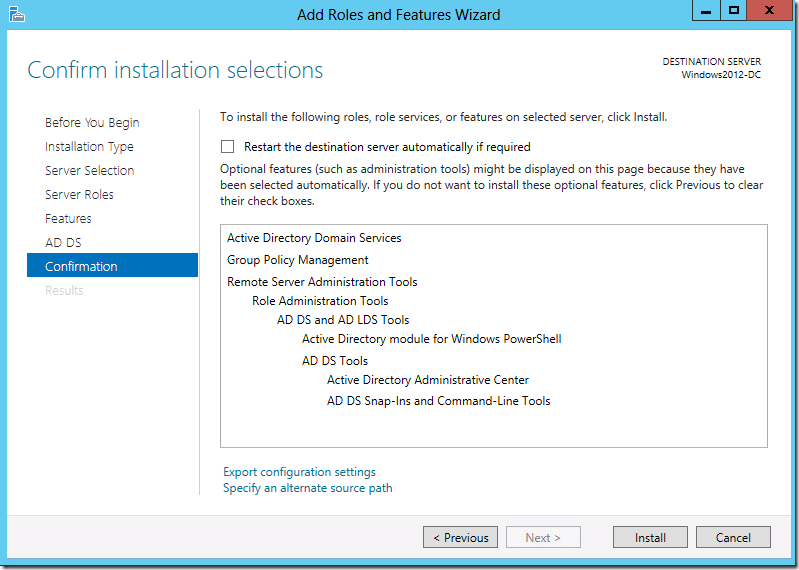 Screenshot Active Directory Domain Services: Add Roles and Features Wizard – Confirmation