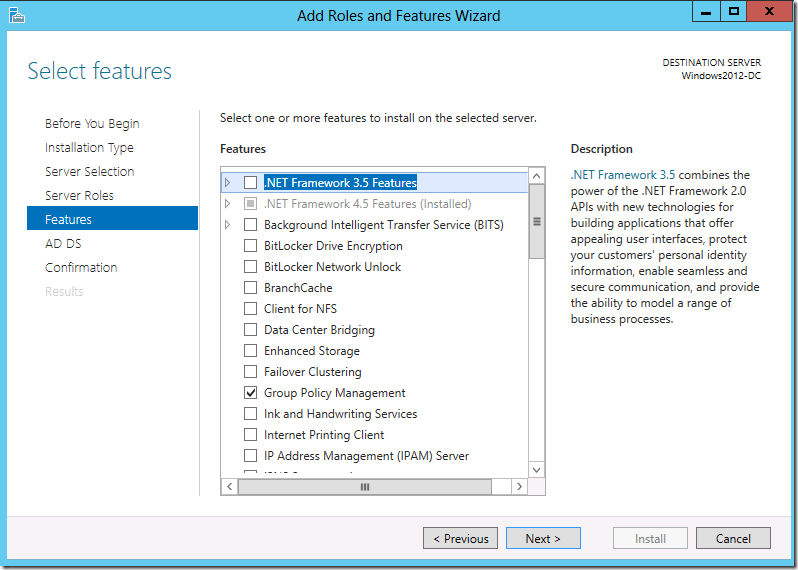 Screenshot Active Directory Domain Services: Add Roles and Features Wizard – Features
