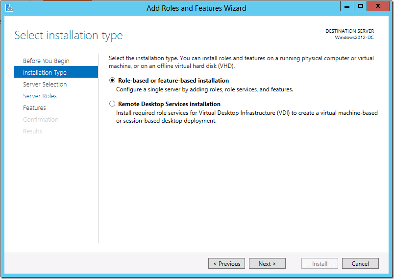 Screenshot Active Directory Domain Services: Add Roles and Features Wizard – Installation Type