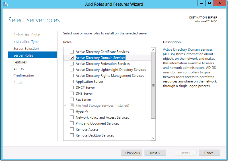 Screenshot Active Directory Domain Services: Add Roles and Features Wizard – Server Roles