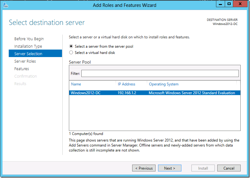 Screenshot Active Directory Domain Services: Add Roles and Features Wizard – Server Selection