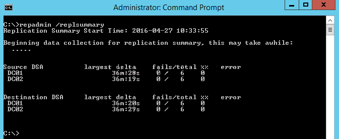 Screenshot Command Prompt „repadmin/replsummary”