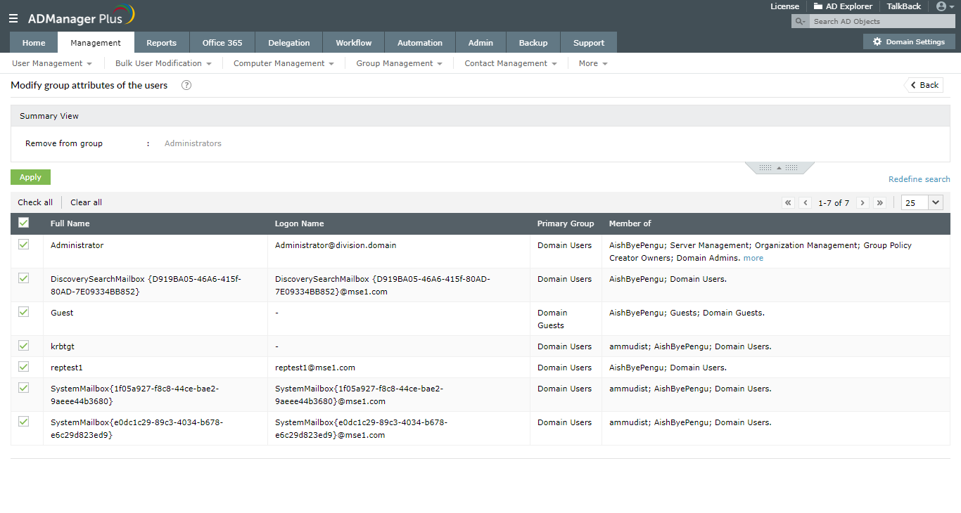Screenshot ADManager Plus: Benutzer aus AD-Gruppen entfernen