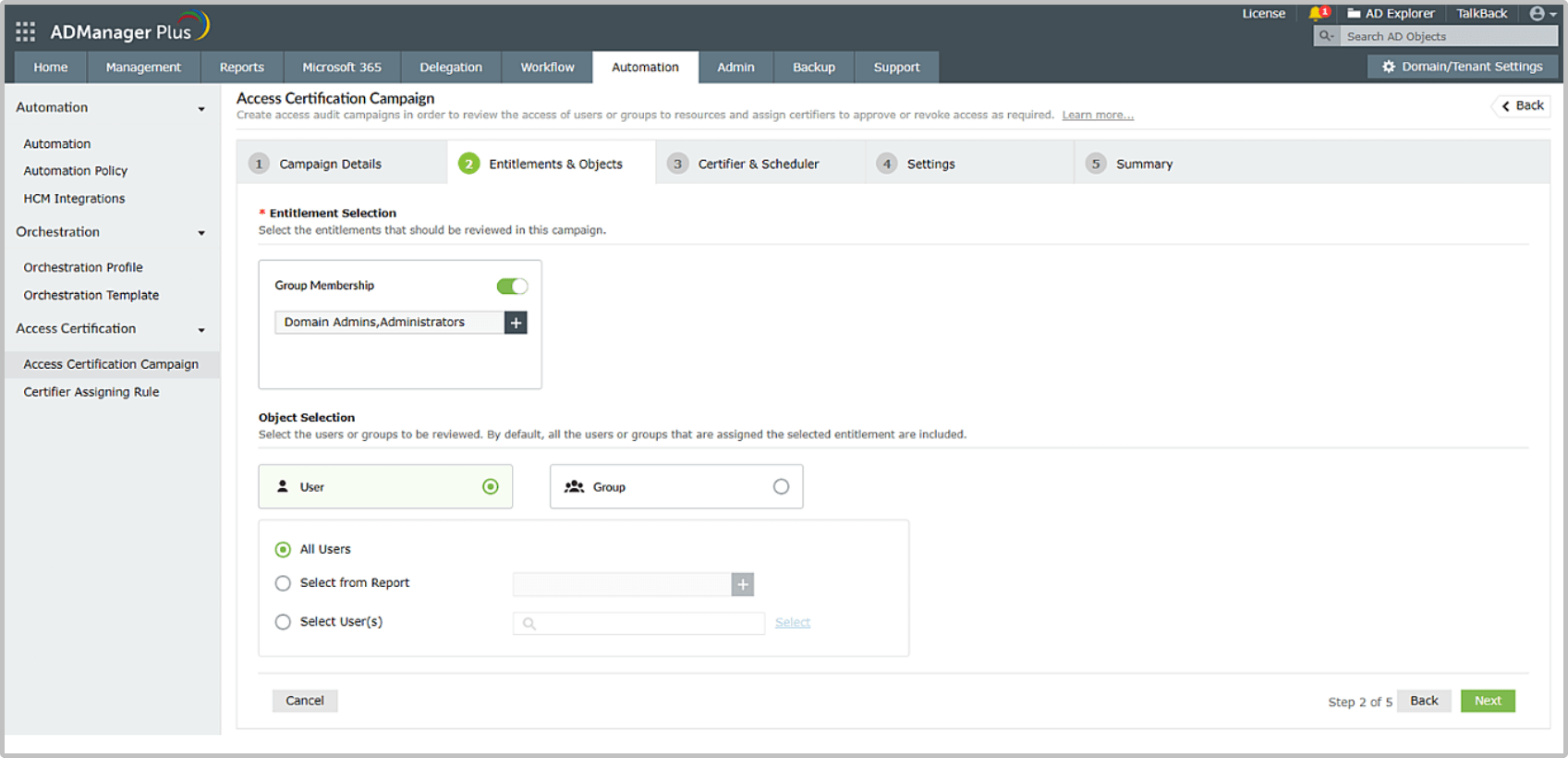 Screenshot ADManager Plus: Access Certification Campaign