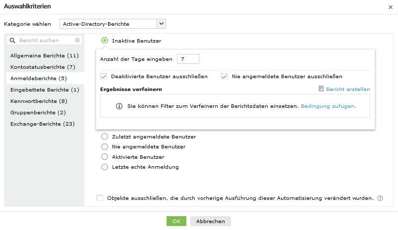 Screenshot ADManager Plus: „Inaktive Benutzer”-Bericht als Auswahlkriterium für Automatisierung festlegen
