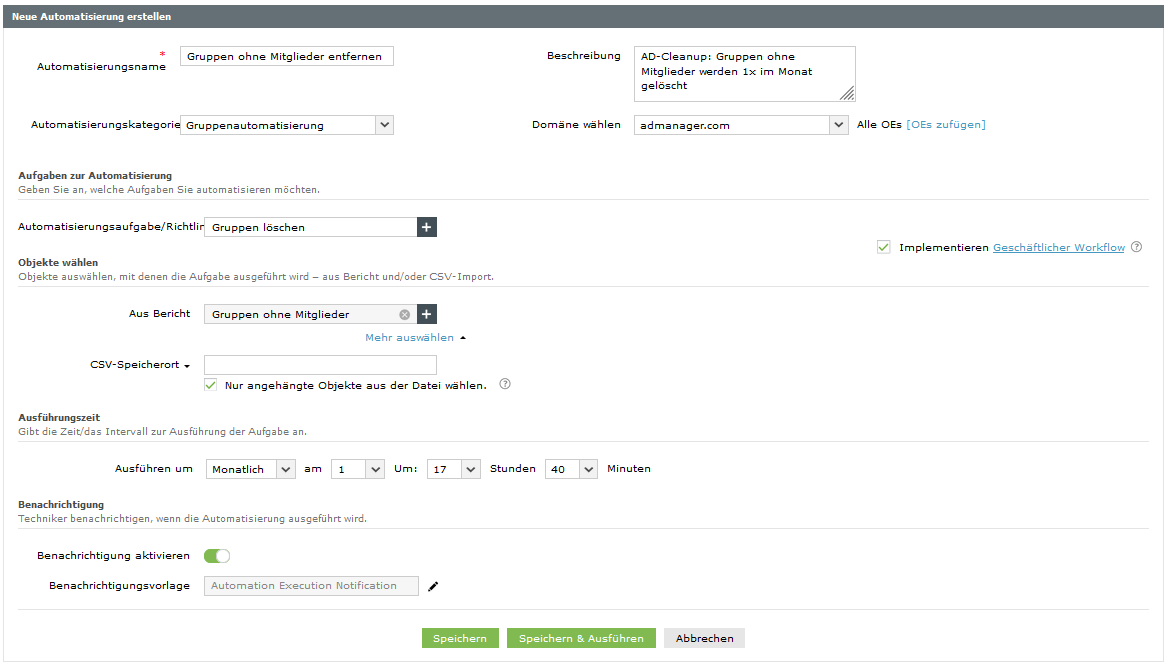 Screenshot ADManager Plus: Automatisierung Gruppen ohne Mitglieder löschen