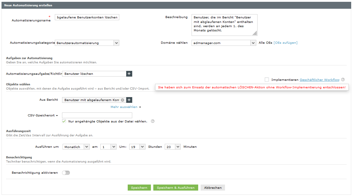 Screenshot ADManager Plus: Automatisierung abgelaufene Konten löschen