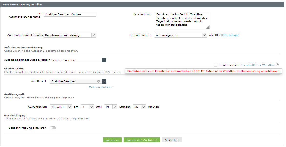 Screenshot ADManager Plus: Automatisierung zum Löschen inaktiver Benutzer