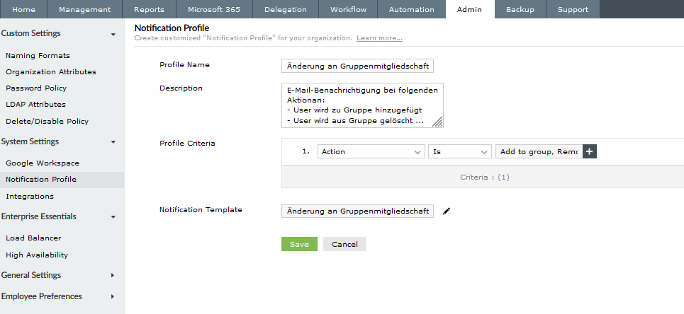 Screenshot ADManager Plus: Benachrichtigung anlegen Screenshot ADManager Plus: Benachrichtigung anlegen