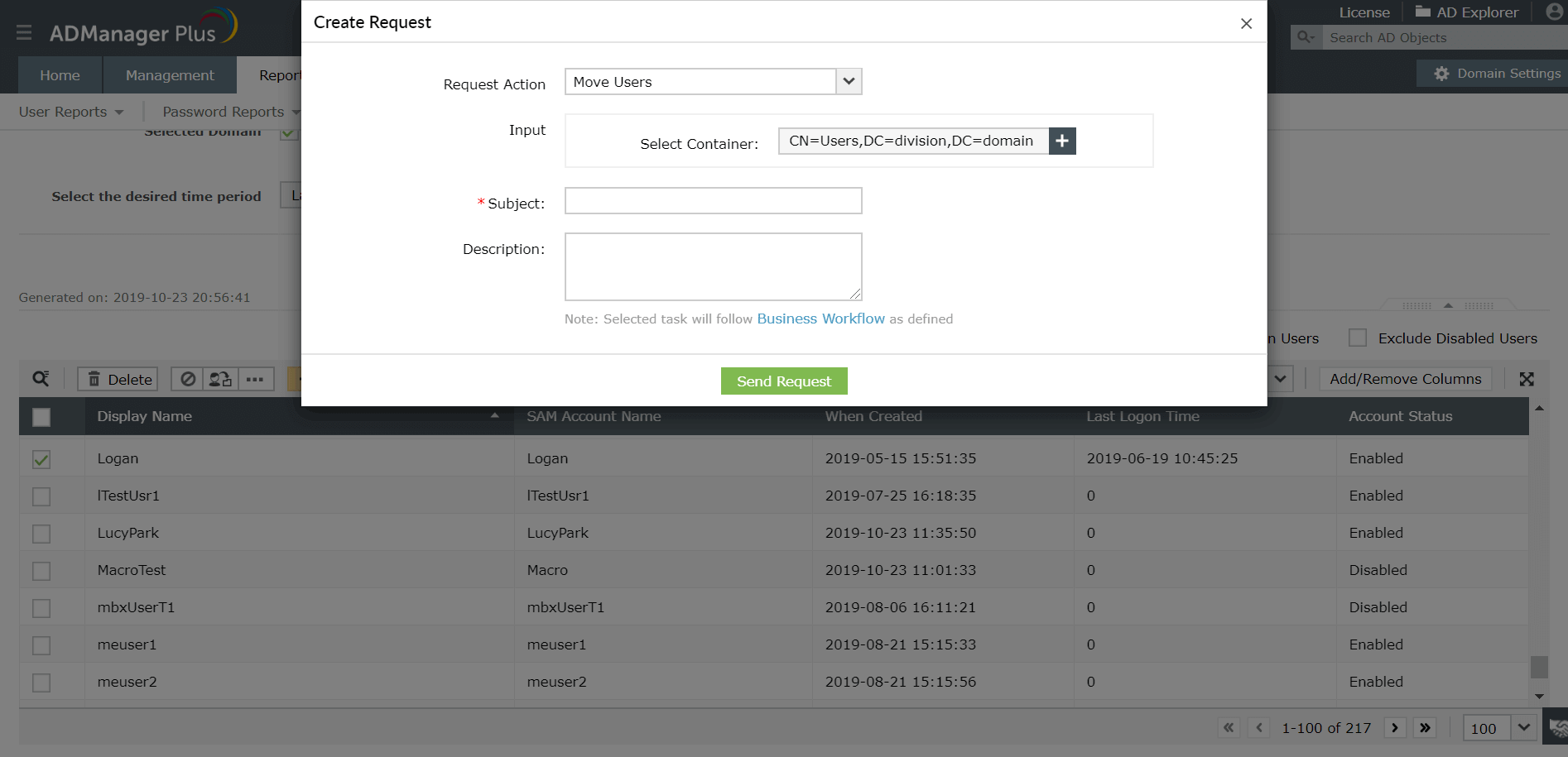 Screenshot ADManager Plus: Benutzer aus einem Report heraus in andere OU verschieben