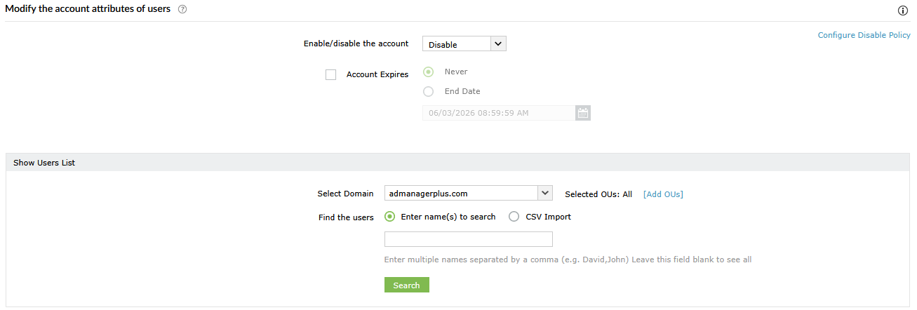 Screenshot ADManager Plus: Benutzer deaktivieren 