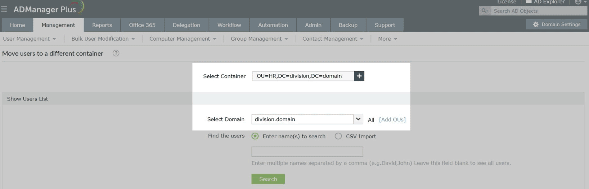 Screenshot ADManager Plus: Auswahl Ziel-Domäne und -OU beim Verschieben von Benutzern