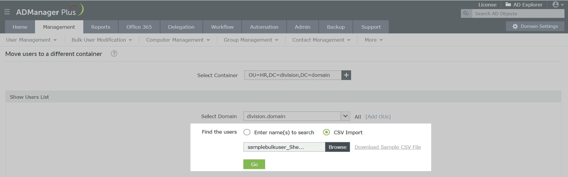 Screenshot ADManager Plus: Upload einer CSV-Liste mit zu verschiebenden Benutzern