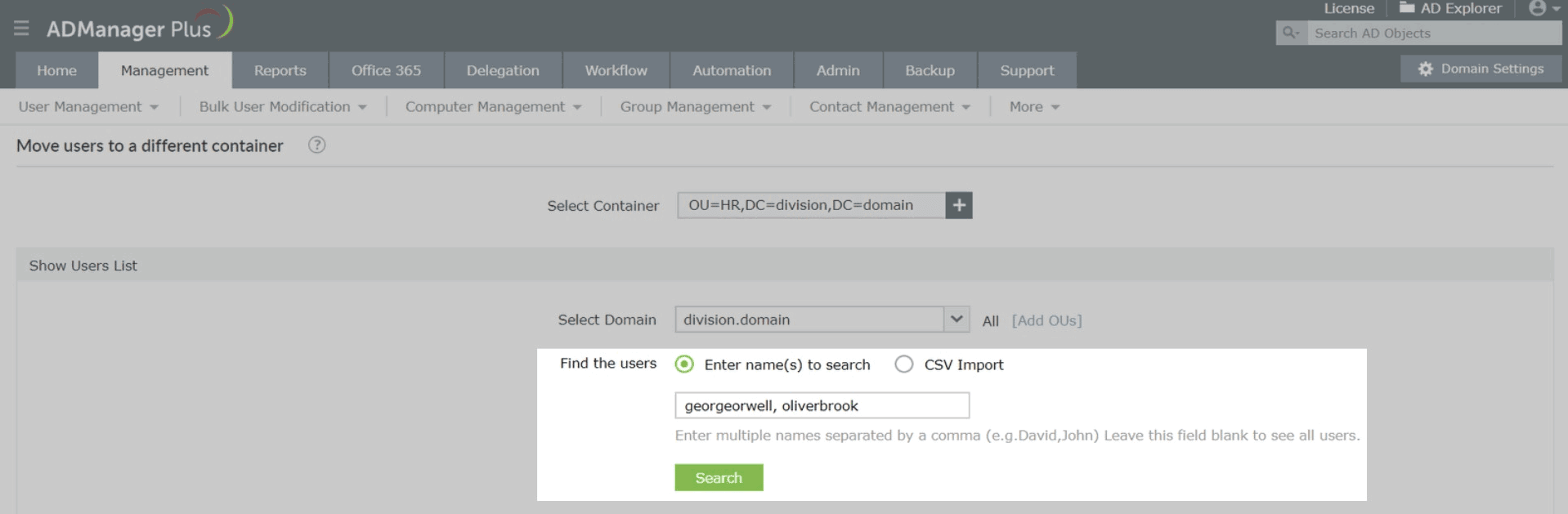 Screenshot ADManager Plus: Benutzer über die Suche auswählen und in andere OU verschieben