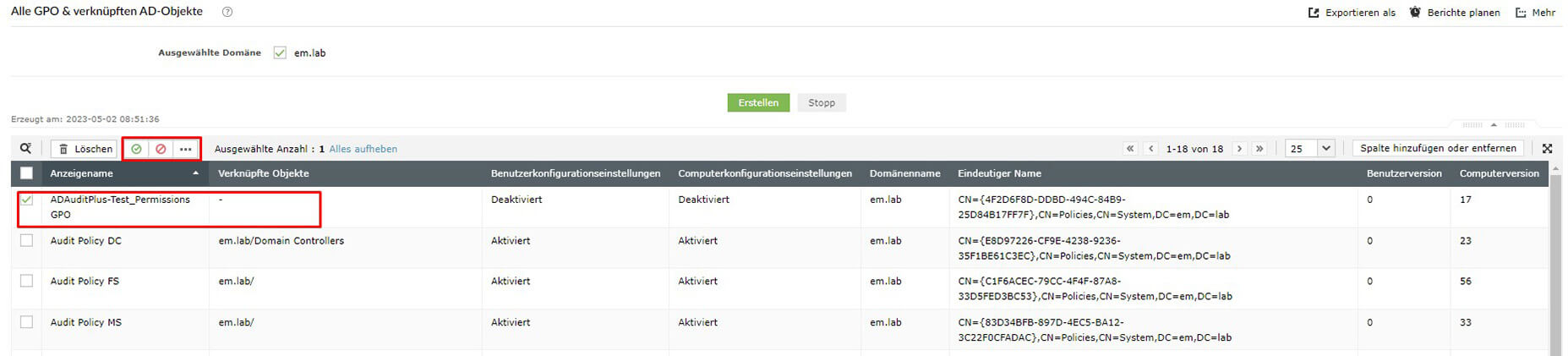 Screenshot ADManager Plus: GPOs deaktivieren