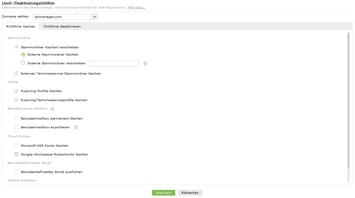 Screenshot ADManager Plus: Lösch-/Deaktivierungsrichtlinie