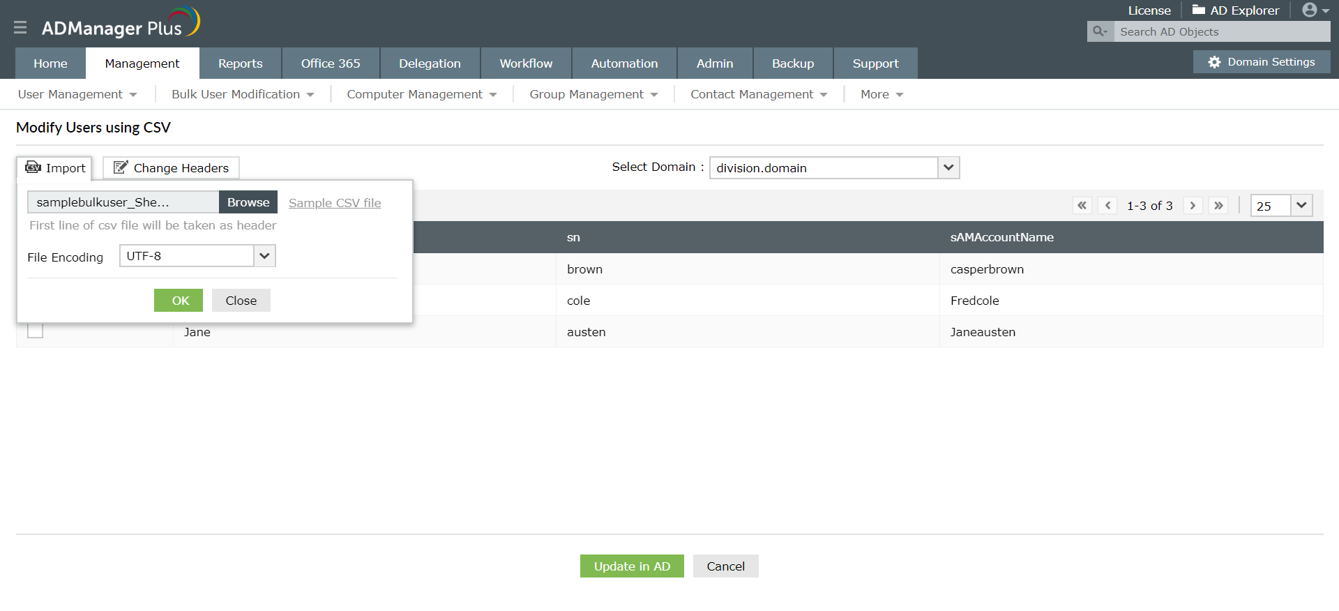 Screenshot ADManager Plus: Massenänderung von Benutzerattributen per CSV-Upload
